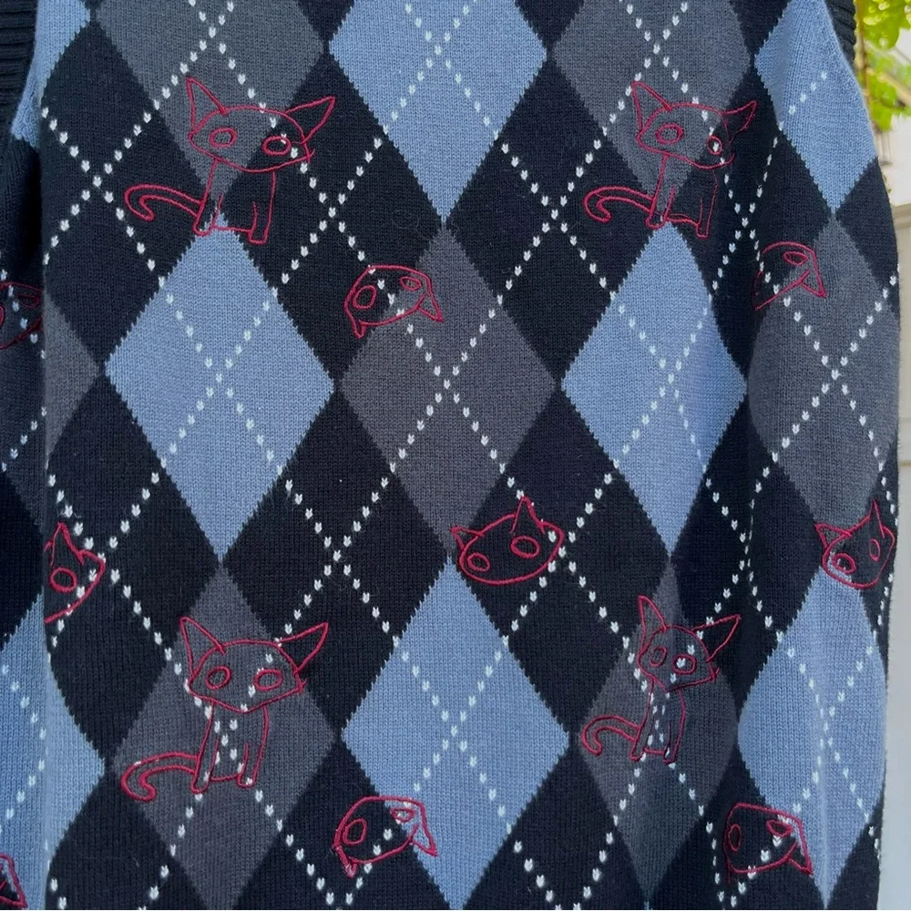 Vintage Y2K Emily The Strange Argyle sweater vest with cats embroidered. - Picture 4 of 9